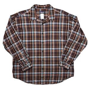 Patagonia Organic Cotton Brown Orange Blue Plaid Long Sleeve Shirt Mens Size XL